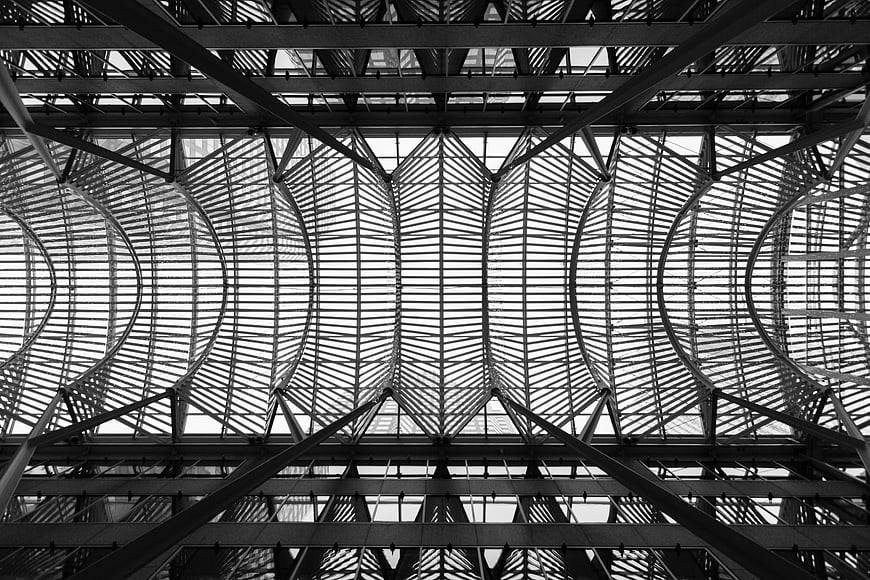 Black and white architectural steel roof structure