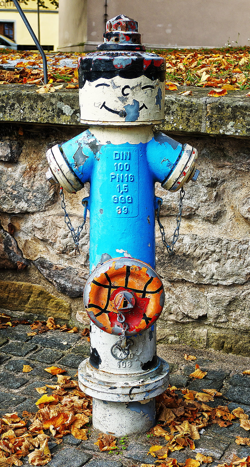 Colorful Painted Fire Hydrant with Autumn Leaves