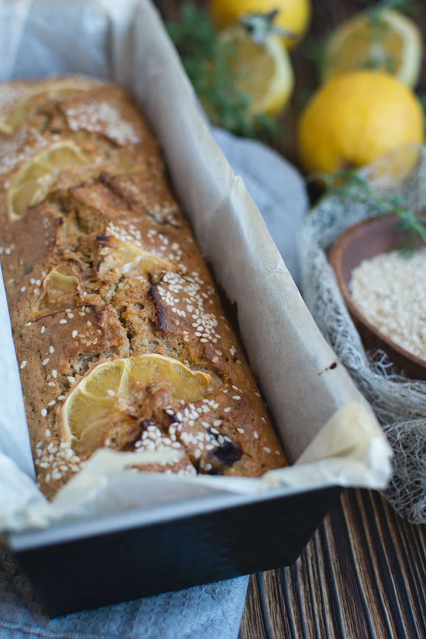 Fresh Lemon Loaf Cake with Sesame Seeds in Pan