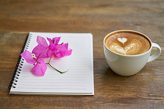 Latte with Heart Art and Notebook with Pink Flower