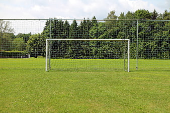 Empty Soccer Goal On Green Grass Field With Trees