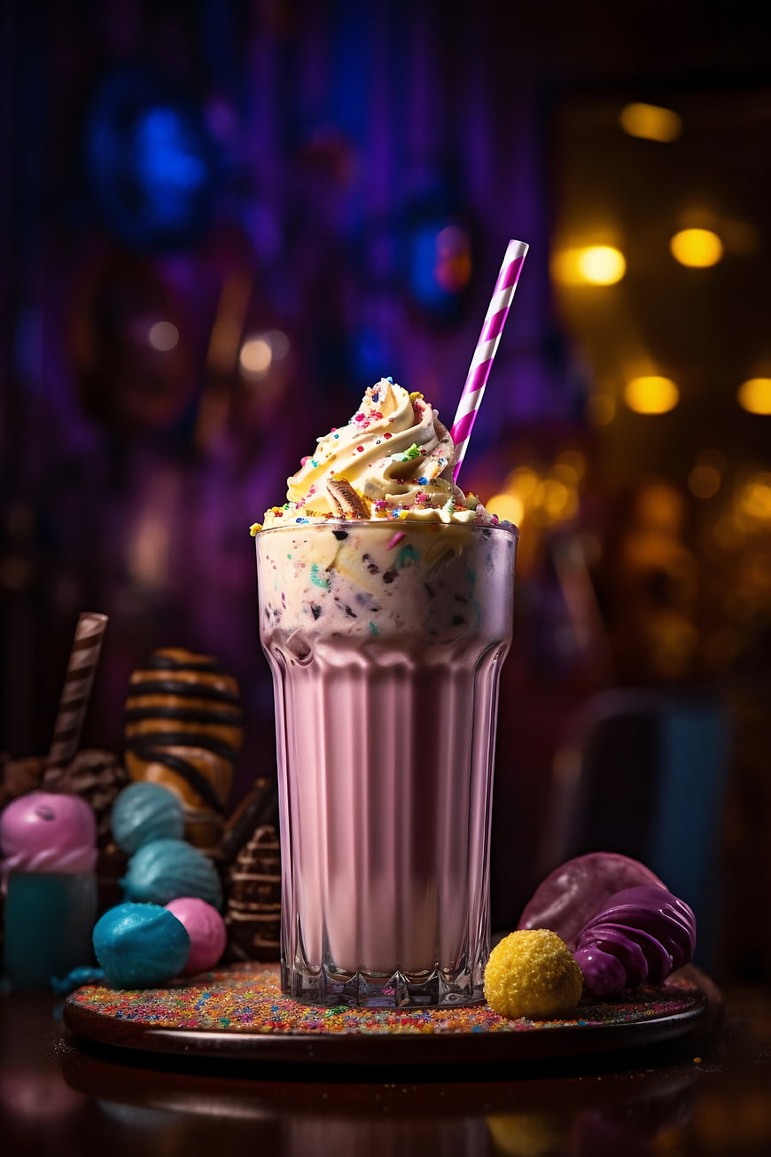 Colorful milkshake with whipped cream and sprinkles