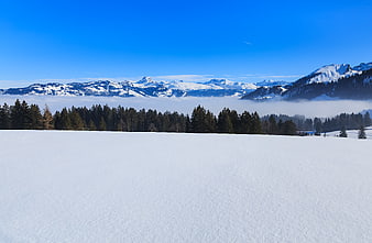 Snowy Winter Landscape with Mountain Range and Blue Sky