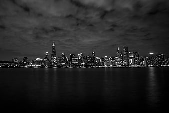 Black and White Chicago Skyline at Night