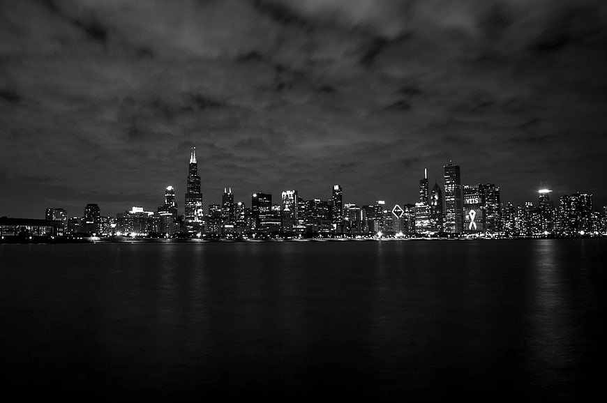 Black and White Chicago Skyline at Night