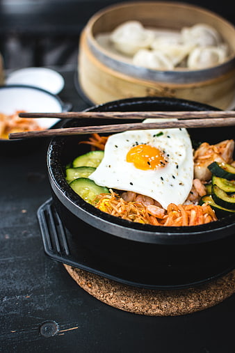 Korean Bibimbap with Fried Egg and Dumplings