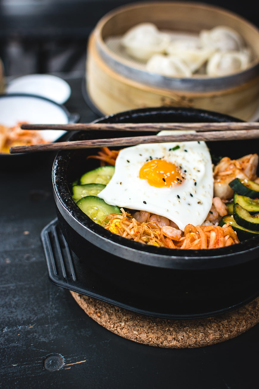 Korean Bibimbap with Fried Egg and Dumplings