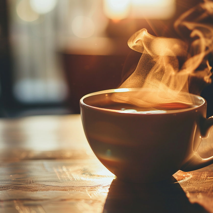 Steaming Hot Coffee Cup on Wooden Table in Morning Light