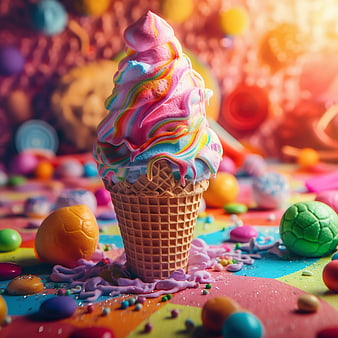 Colorful Rainbow Soft Serve Ice Cream Cone with Candy