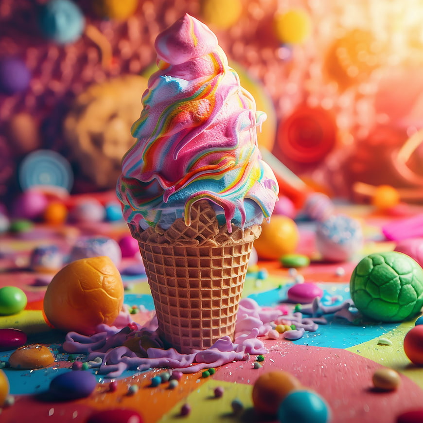 Colorful Rainbow Soft Serve Ice Cream Cone with Candy