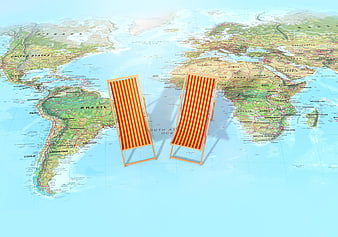 3D Concept of Beach Chairs on World Map for Travel