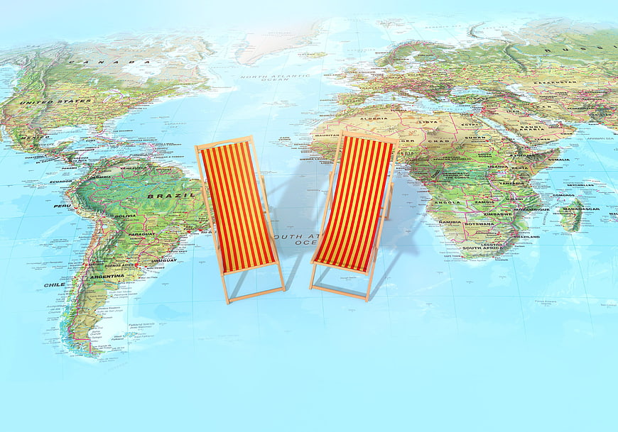 3D Concept of Beach Chairs on World Map for Travel
