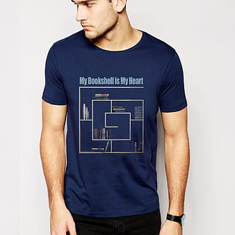 Man Wearing Navy Blue Bookshelf Graphic T-Shirt