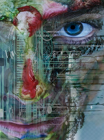 Abstract digital collage of human face with glitch art and nature elements