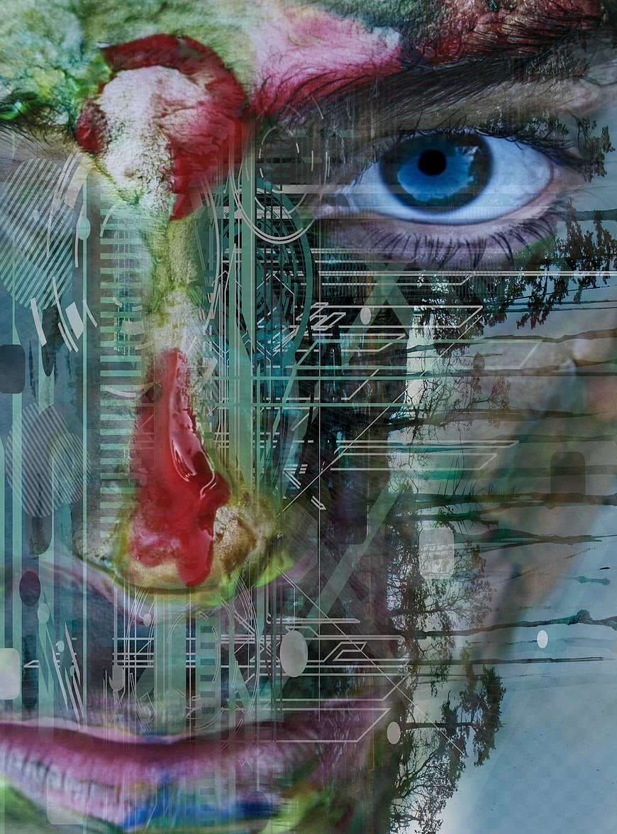 Abstract digital collage of human face with glitch art and nature elements