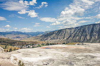 Wide landscape of geothermal area with mountains and village