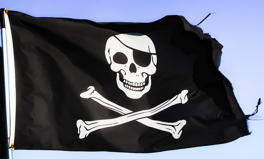 Pirate Flag with Skull and Crossbones Waving in Wind