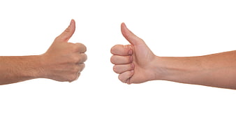 Two hands giving thumbs up gesture on white background