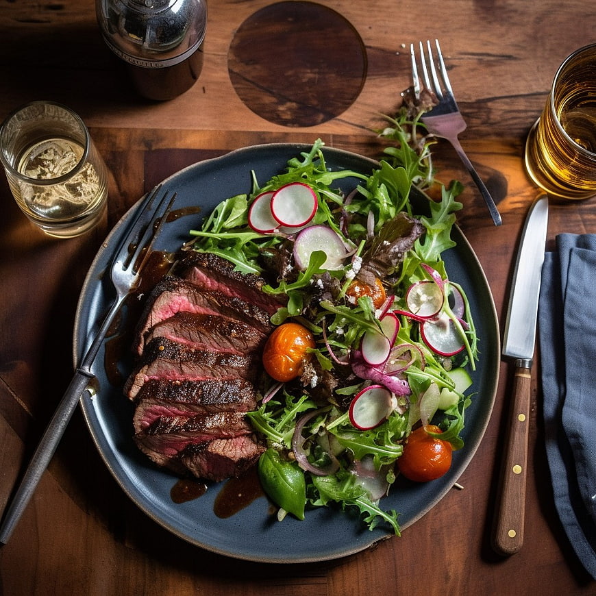 Overhead view of sliced steak with fresh salad on wooden table