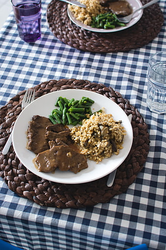 Homestyle beef stew with green beans and mushroom risotto