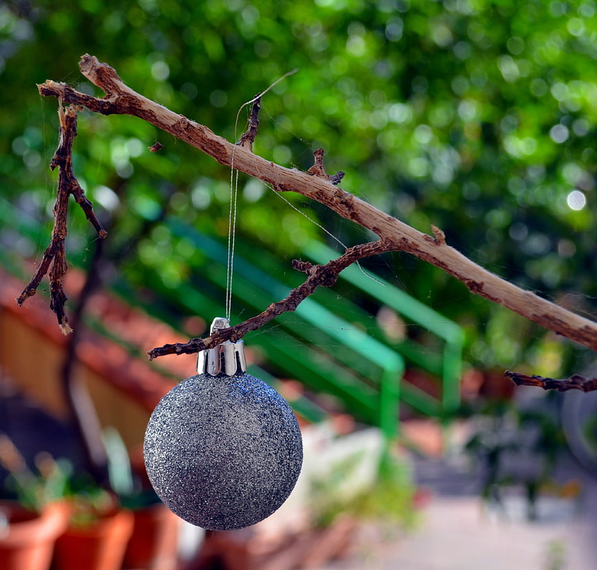 Silver Glitter Christmas Ornament Hanging on a Dry Branch