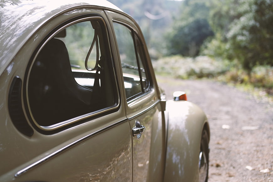 Vintage beige car parked on a forest road