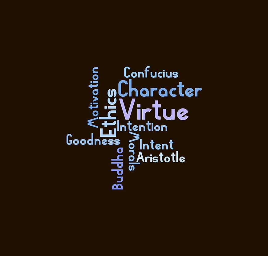 Virtue and Ethics Word Cloud on Dark Background