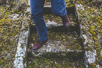 Man walking down mossy stone steps in nature
