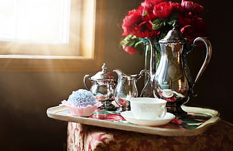 Vintage Silver Tea Set With Red Peonies On Floral Tray