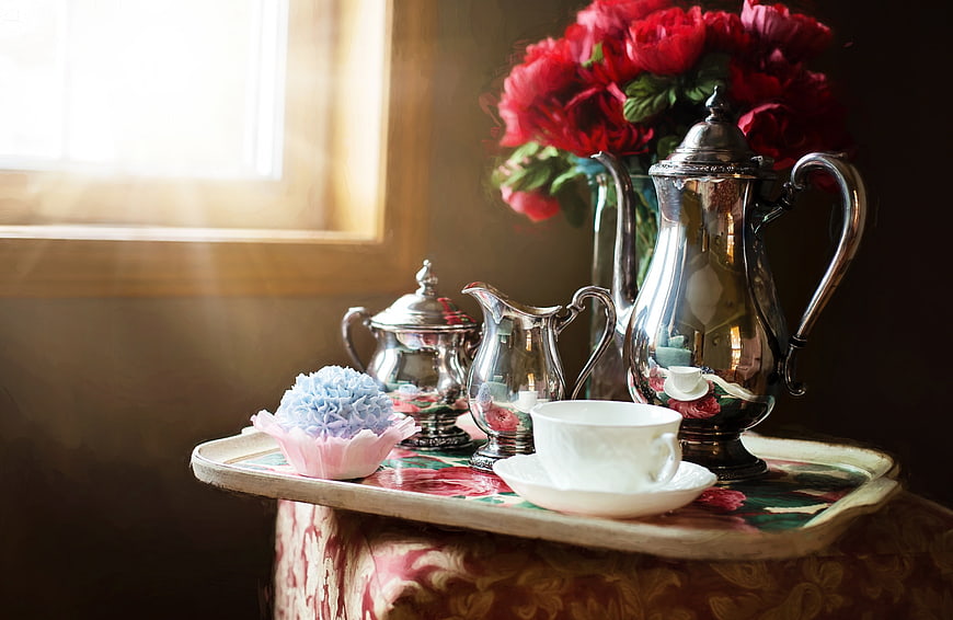 Vintage Silver Tea Set With Red Peonies On Floral Tray