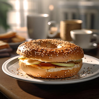 Delicious Bagel Sandwich with Cheese and Vegetables on a Plate