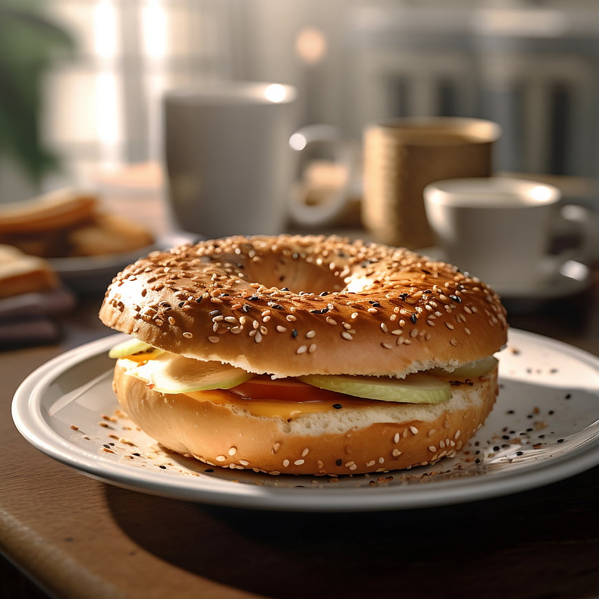 Delicious Bagel Sandwich with Cheese and Vegetables on a Plate