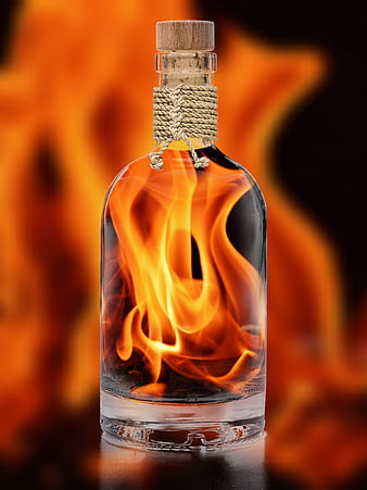 Glass Bottle with Fire Inside and Wooden Cork