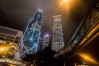 Hong Kong Skyscrapers Night Skyline Architecture
