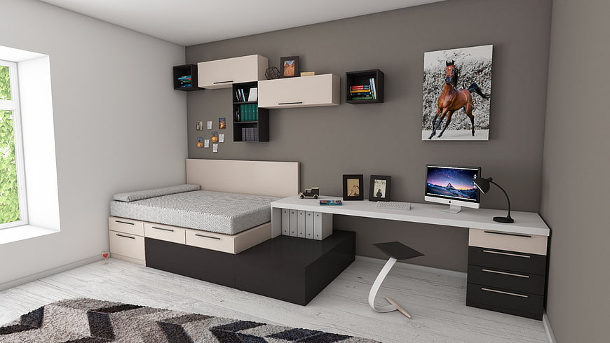 Modern Teen Bedroom Interior with Bed and Desk