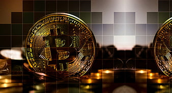 Bitcoin Coins With Digital Grid Overlay