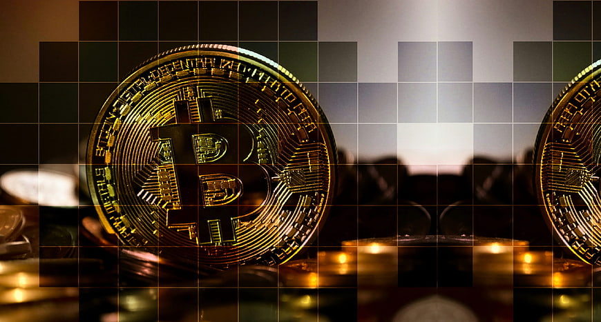 Bitcoin Coins With Digital Grid Overlay
