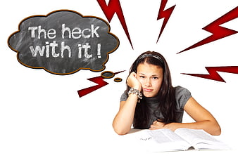 Bored teenage girl studying with thought bubble and red lightning bolts
