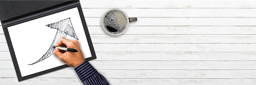 Hand drawing upward success arrow on paper with coffee
