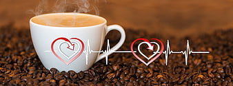 Steaming Coffee Cup on Beans with Heartbeat Graphic