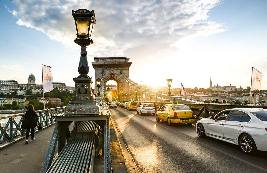 Sunset Traffic on Chain Bridge Budapest