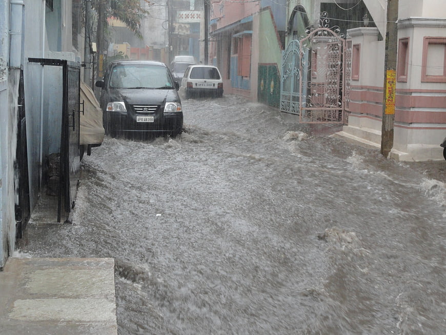 Severe Urban Street Flooding With Submerged Vehicles