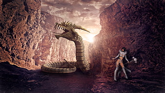 Fantasy warrior woman facing a giant dragon in a rocky canyon