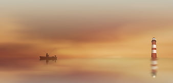 Silhouette of fisherman in boat near lighthouse at sunset