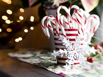 Christmas Candy Canes in Striped Cup with Snowflake Decoration