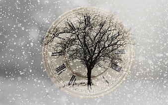 Winter Tree Silhouette Inside Clock Face with Snowfall