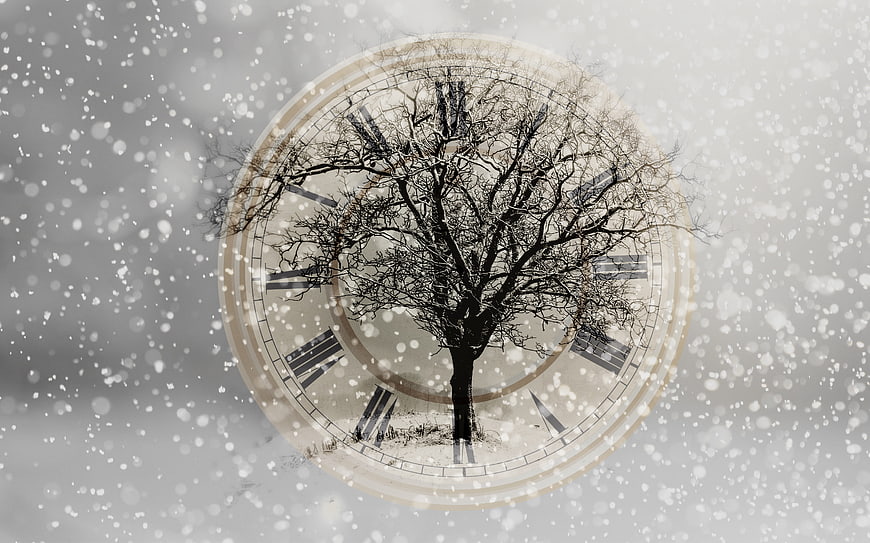 Winter Tree Silhouette Inside Clock Face with Snowfall