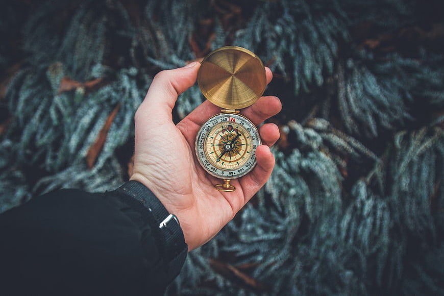 Hand Holding Vintage Brass Compass in Forest