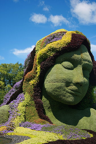 Giant Topiary Sculpture of a Woman's Face in a Garden