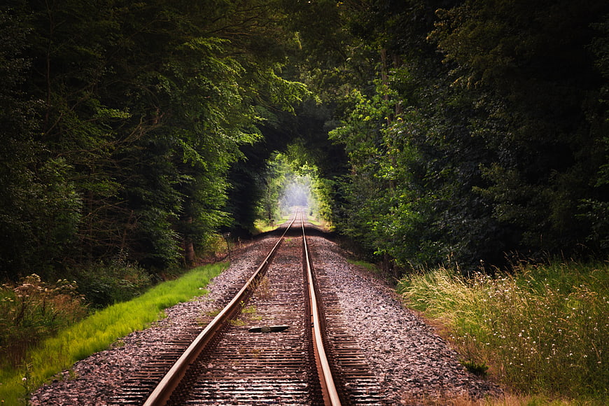 Railway Tracks Through Forest Tunnel Leading to Light